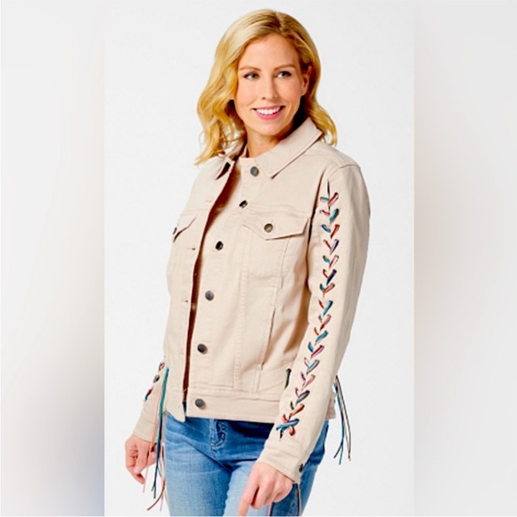 Peace Love World Jackets & Blazers - Peace Love World Cream Jean Jacket with Colorful Lace-Up Sleeves
